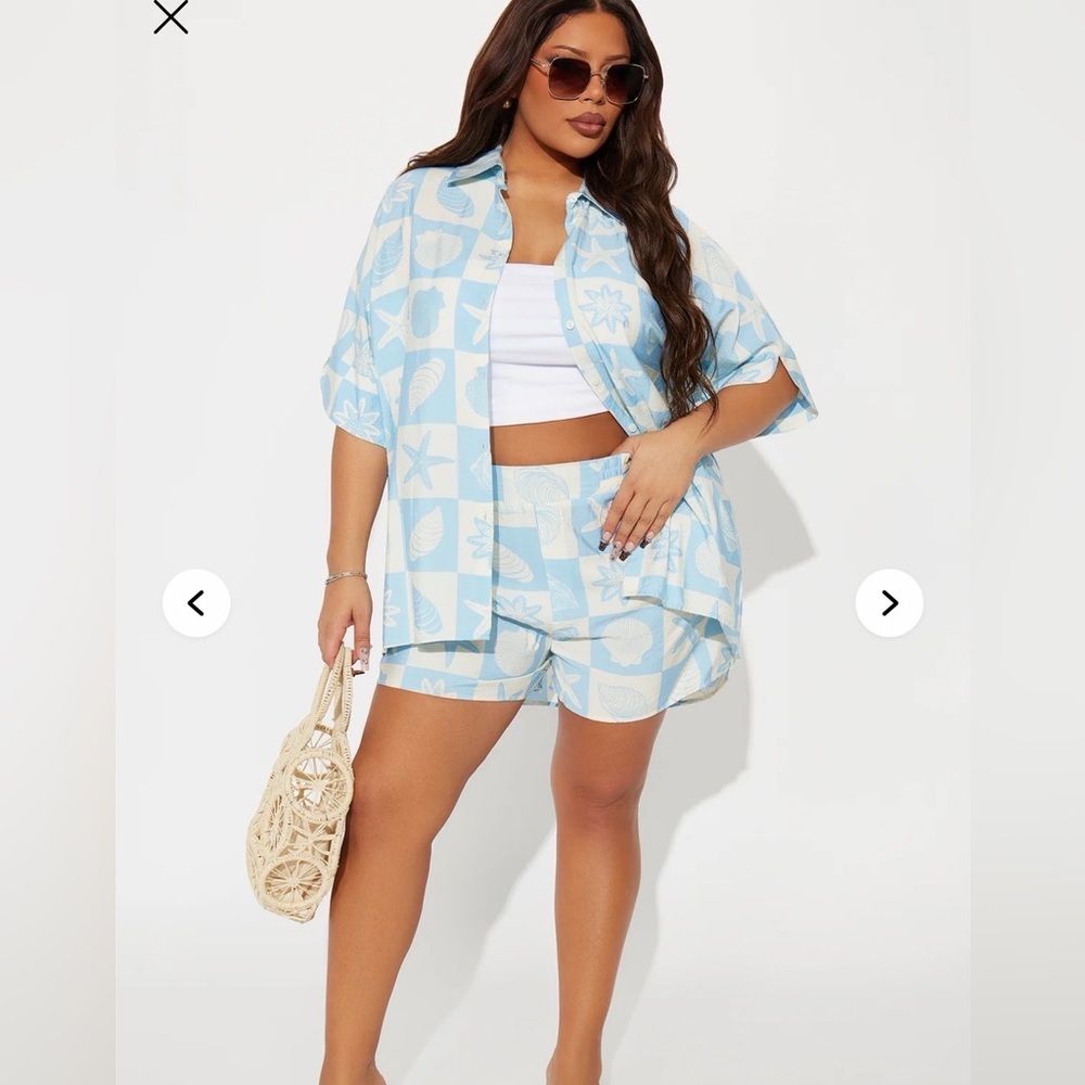 Fashion Nova Light Blue and White Beach Print Shirt & Short Set